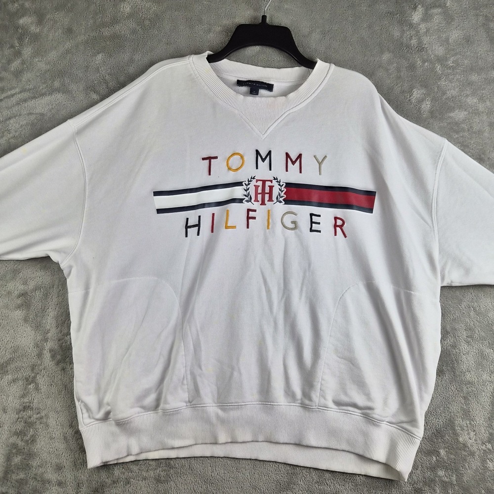 Tommy Hilfiger Sweatshirt White Embroidered Logo Pullover Preppy Side Pockets